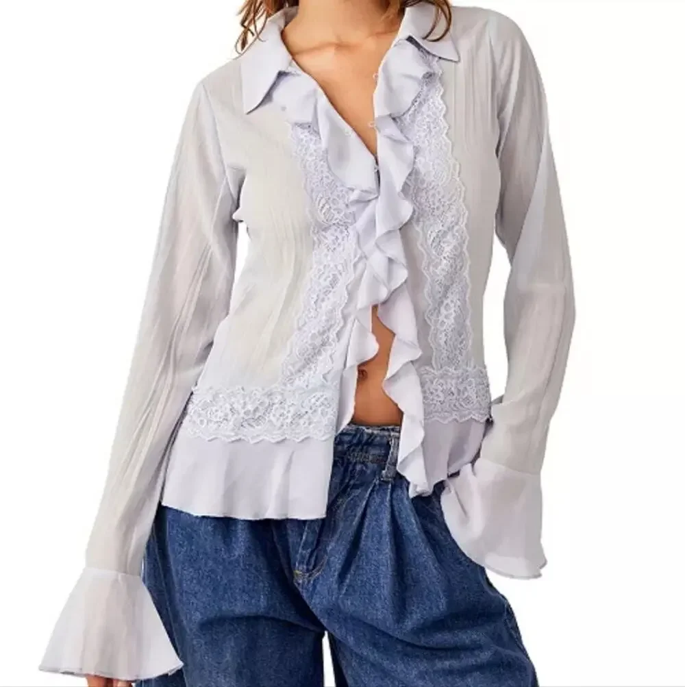 Free People Light Blue Chambray Sky Bad at Love Blouse L